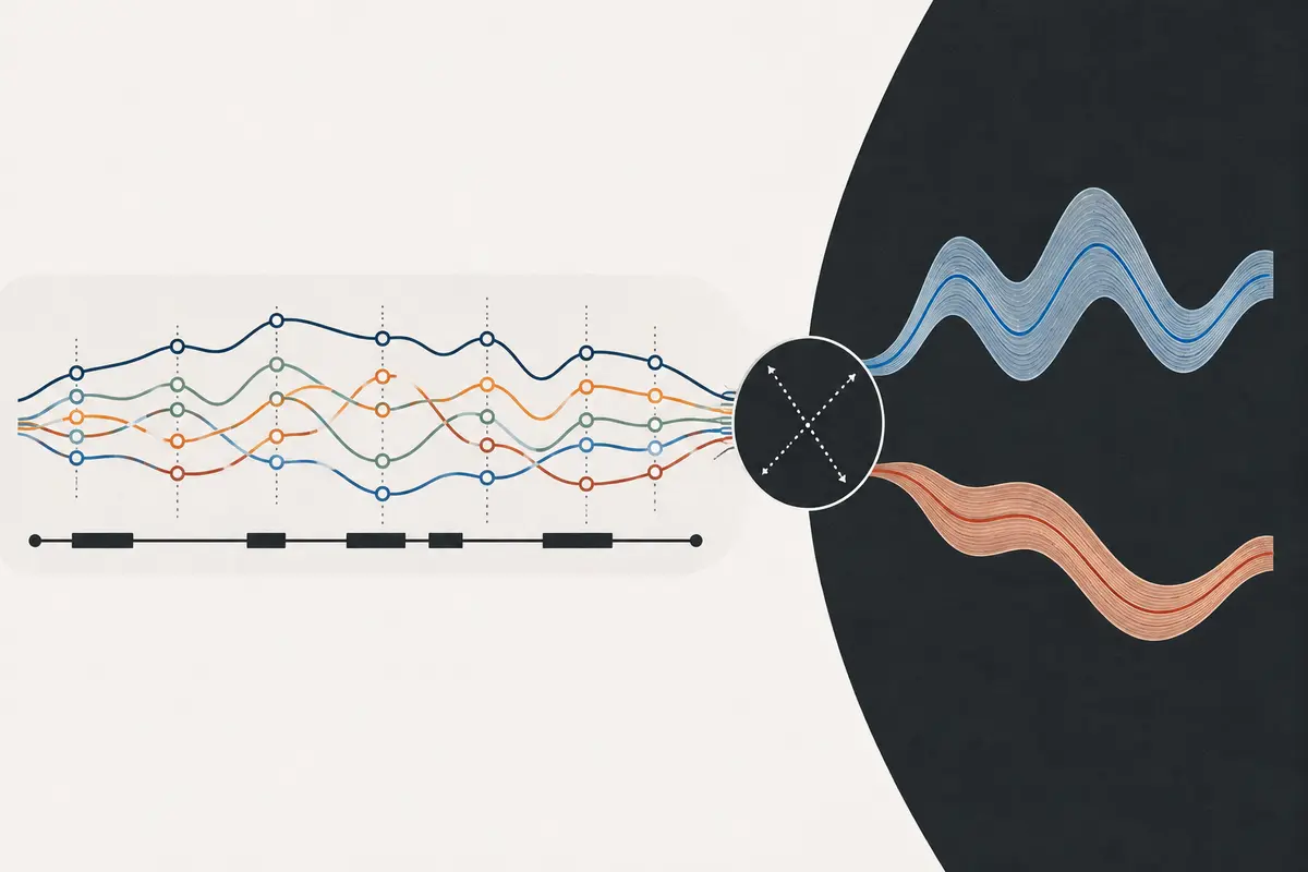 Illustration of CpG methylation patterns across a gene region transforming into two regional principal-component signals